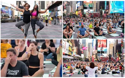 yoga day  টাইমস স্কোয়ারে আন্তর্জাতিক যোগ দিবস পালন